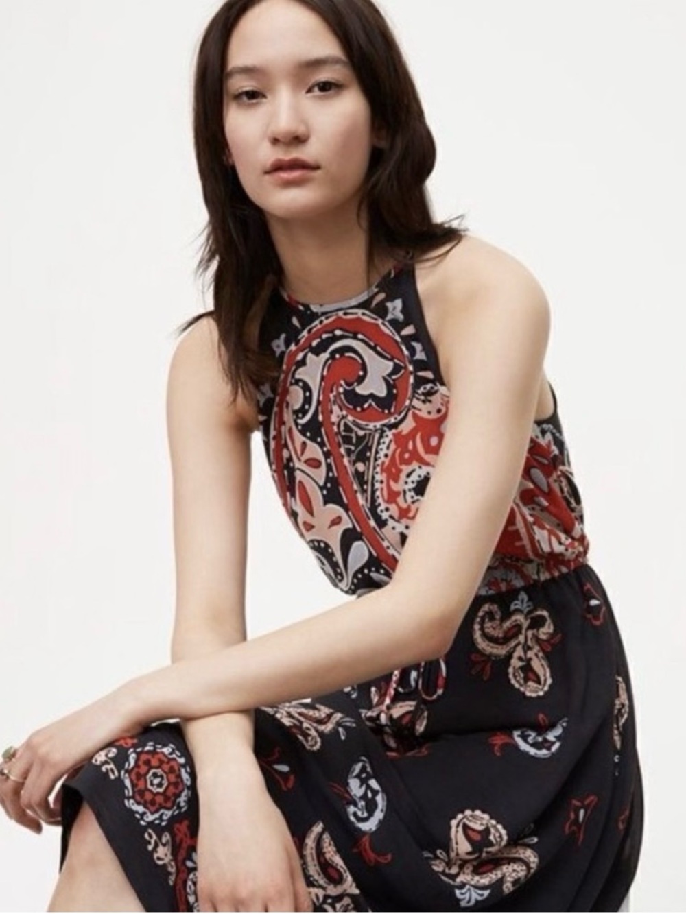 LOFT Black Red and Cream Paisley Halter Midi Dress - Picture 4 of 9